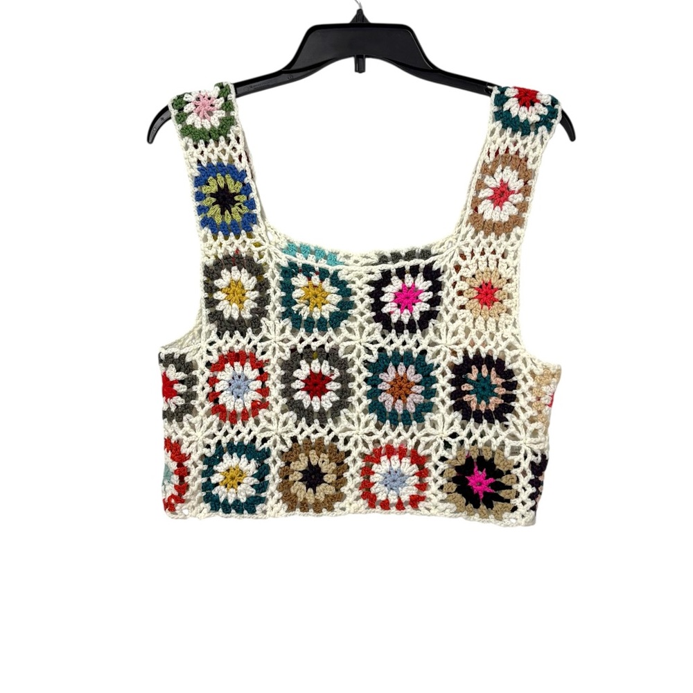 White Multicolor Crochet Tank Top Swimsuit Coverup Travel Beach Boho Hippie